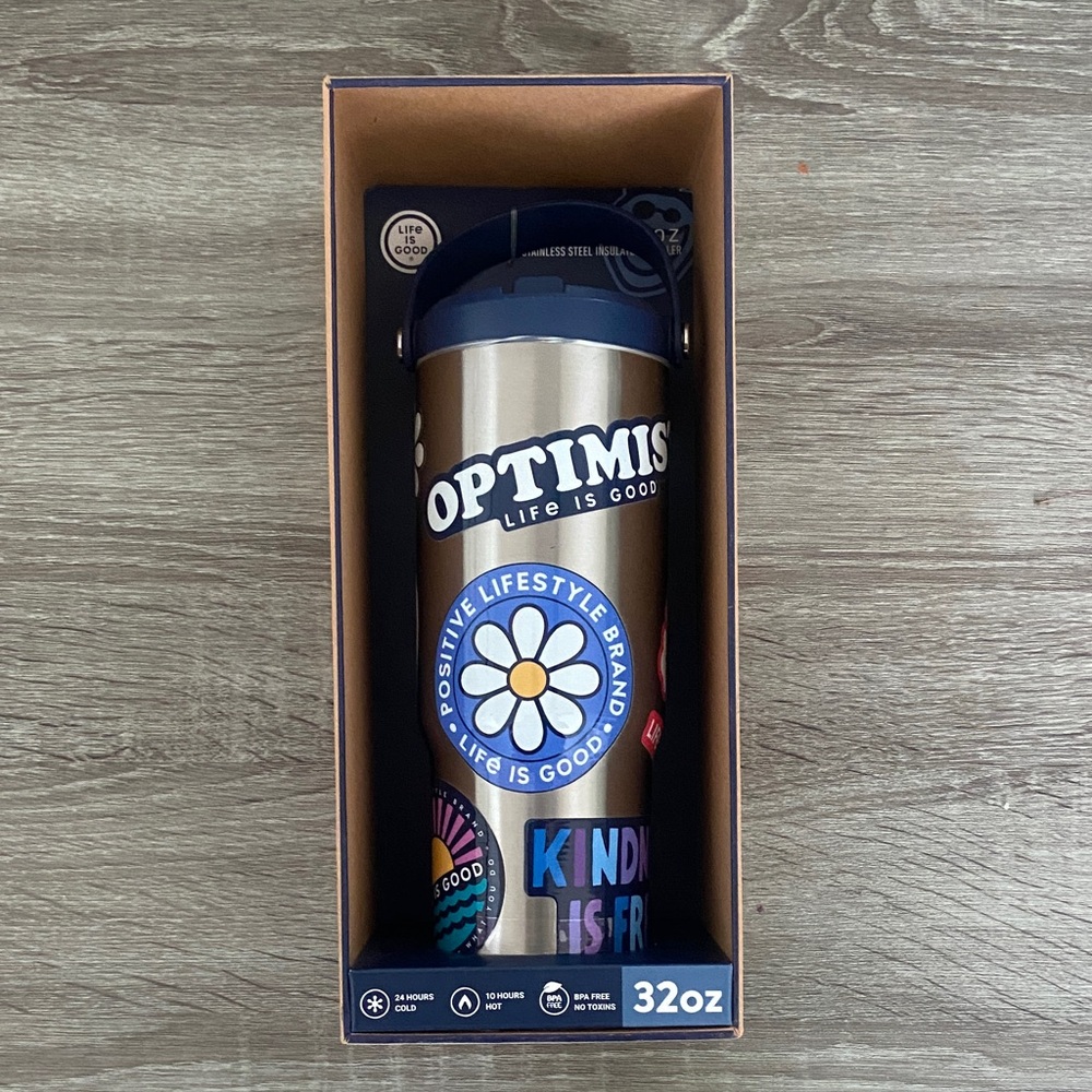 Life Is Good Gold Stainless Tumbler with Navy Lid and Colorful Decals